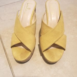 Lulu's yellow gold open toe wedges